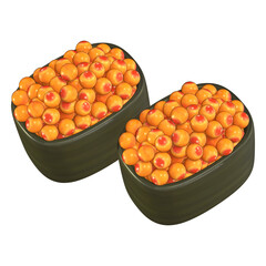 A vibrant 3D rendering showcases a pair of gunkan sushi pieces, each overflowing with numerous glossy, orange salmon roe pearls encircled by dark seaweed.