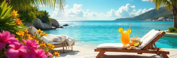 Obraz premium Relaxing summer scene featuring a luxurious sun lounger, refreshing drinks, and vibrant summer flowers, perfect for a pampering escape , purple, green, paradise