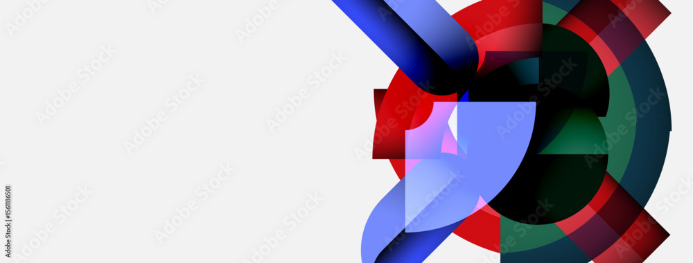 Poster Abstract geometric shapes overlap, creating vibrant color patterns. Blue, red, green hues dominate composition. Modern design element.