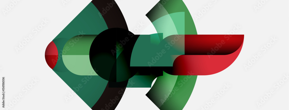 Poster abstract geometric shapes overlap, creating dynamic composition. green, red, black hues dominate min