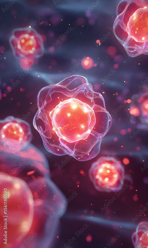 Poster abstract cellular structures with vibrant red cores in glowing ethereal clusters for science
