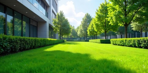 Serene office lawn scene, lush green grass, manicured hedges, modern building backdrop Perfect for corporate, real estate, or environmental themes , calm, professional, idyllic