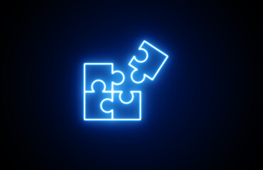 Neon puzzle icon. Neon Game icon. Neon Glowing Blue Color Game puzzle icon on black background.