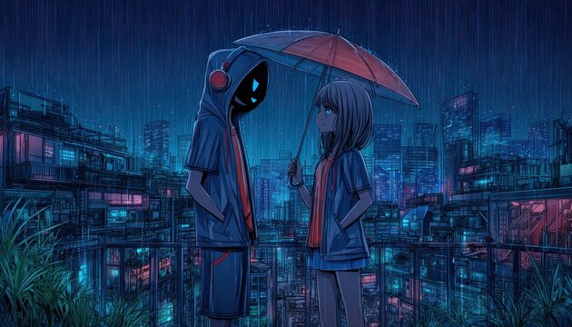 Naklejki Two figures under a rain-swept umbrella in a futuristic cityscape