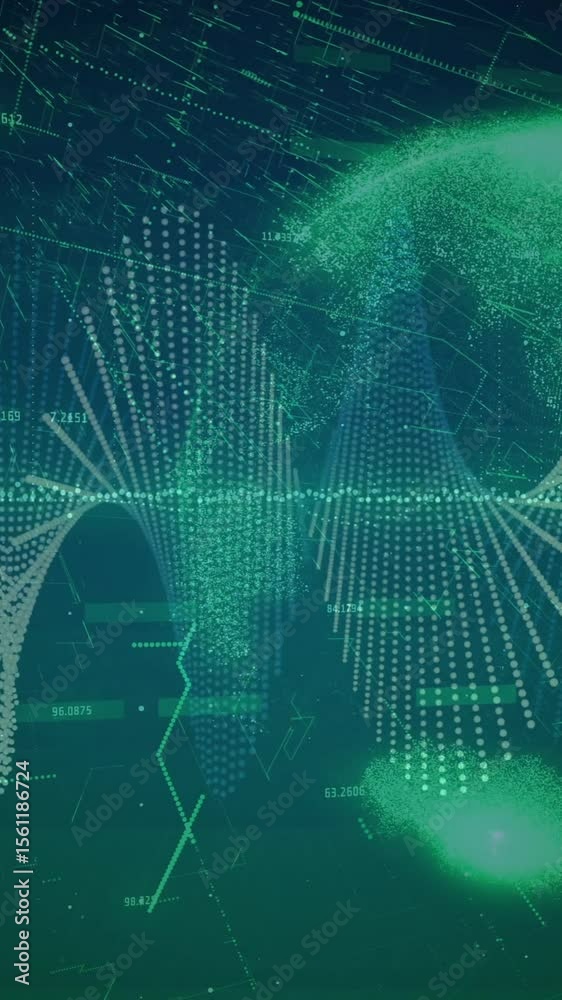 Poster animation of shapes moving over data processing and globe