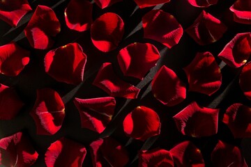 Red rose petals are scattering across dark matte surface in flat design, casting long shadows