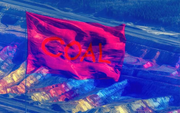 Vibrant pink flag with "COAL" text over a vast open-pit mine
