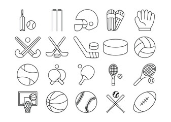 Obraz premium Sports line icon set. Containing football, basketball, baseball, volleyball. Vector editable stroke icon 