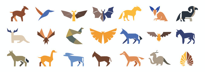 Vector art of a collection of geometric animal icons, isolated on white background.