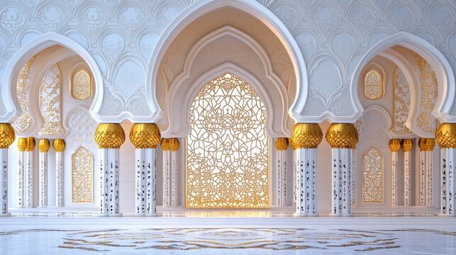Elegant Islamic archway adorned with intricate arabesque patterns, delicate geometric lattice work, ornate floral motifs in metallic gold and white, symmetrical design with traditional muqarnas