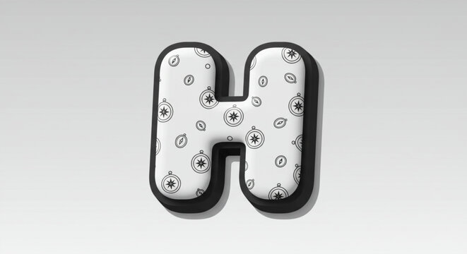 Monochrome capital letter H with a rounded, volumetric design and a seamless ornamental pattern. Graphic alphabet font symbol.