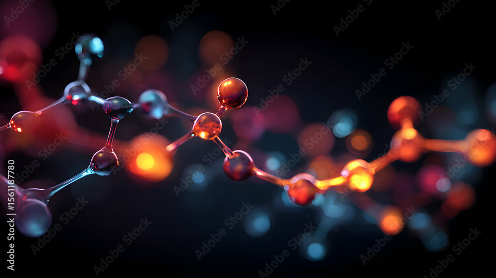 Poster abstract molecular structure visualization with linked atoms against dark background representing