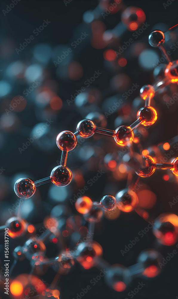 Poster abstract molecular structure with glowing spheres and interconnected bonds visualizing science and