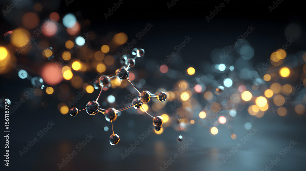Poster molecular structure 3d render with bokeh lights shows the connectivity and science concept