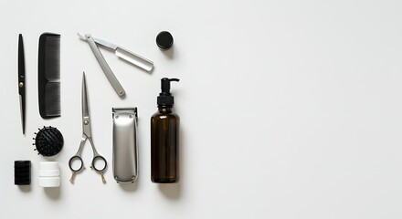 Barber Tools Flat Lay Professional Hairdressing Essentials on White Background, Styling, Cutting, Grooming Equipment
