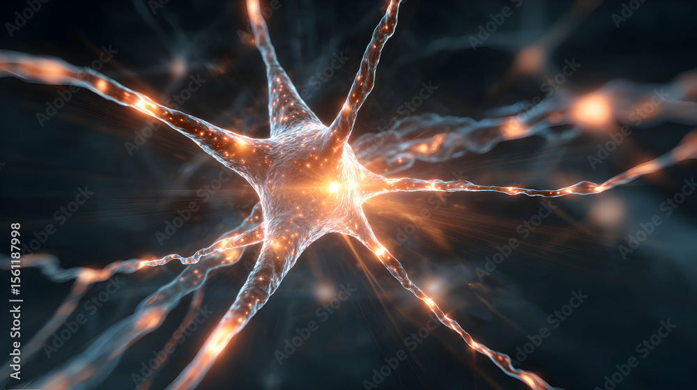 Poster intricate neuron cell with glowing connections symbolizing neural networks and synaptic