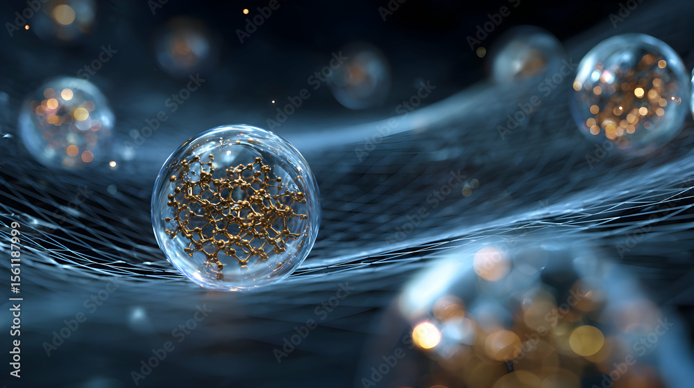 Poster complex network encapsulated in spheres creating an interconnected abstract technology concept