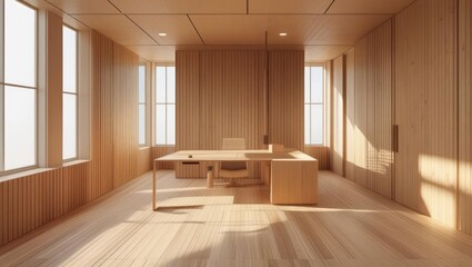 Light-filled wooden office space with large windows.