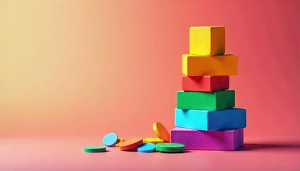 Fototapeta premium A vibrant stack of colorful blocks, precariously balanced, about to topple A visual metaphor for imminent failure, yet the bright colors add a playful, unexpected twist , colorful tower, frustration
