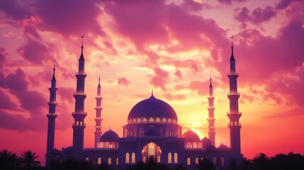 Fototapeta premium Grand mosque exterior at dusk, illuminated central dome with geometric patterns, elegant minarets reaching skyward, breathtaking coral sunset clouds, atmospheric arabic architecture, cinematic
