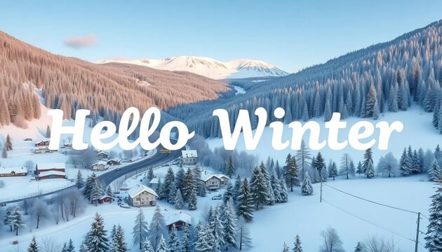 White winter village nestled in snowy hills, forest backdrop; Hello Winter lettering,  peaceful,  art