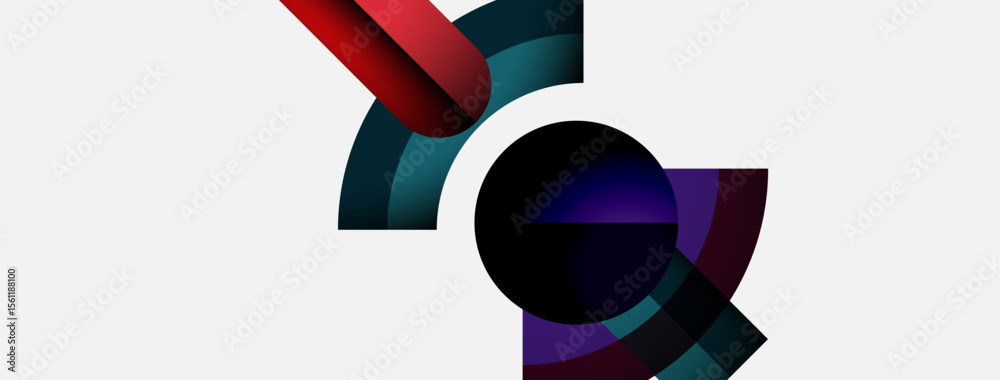 Poster abstract geometric shapes overlap, creating dynamic visual composition. red, teal, purple hues domin