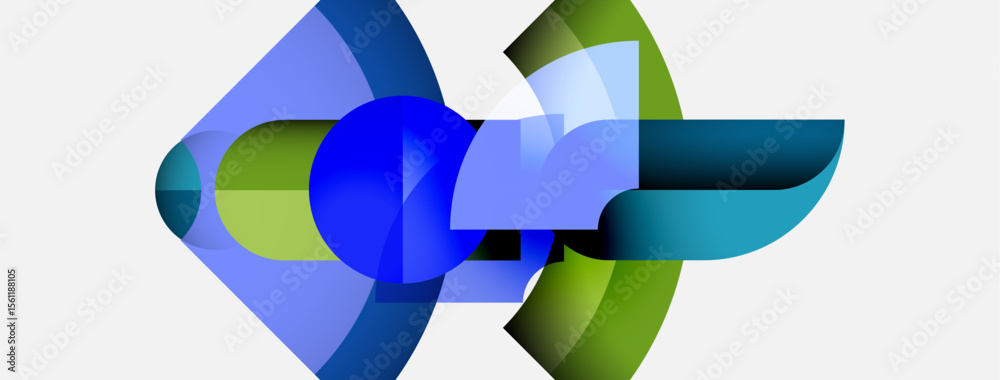 Poster abstract shapes overlap, creating dynamic composition. blue, green hues dominate, suggesting fluidit