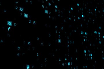 Glowing teal alphanumeric glyphs and pixel-like squares are being shown in data space, flat design