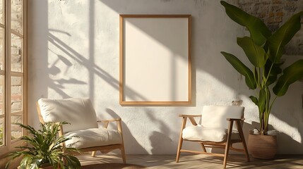 Interior scene with two chairs, a blank frame, and plants bathed in sunlight near a window