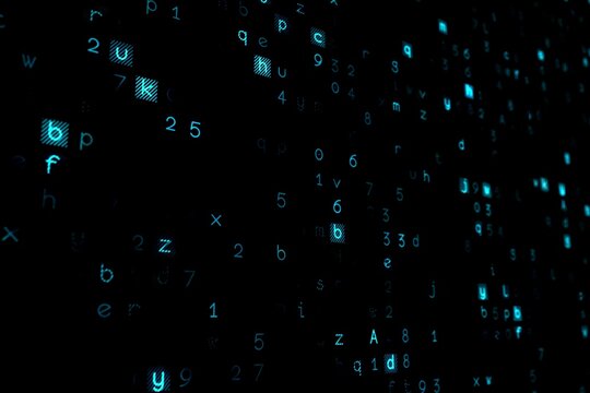 Glowing teal alphanumeric glyphs and pixel-like squares are being shown in data space, flat design