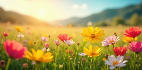 Obraz premium A vibrant, sunlit field of wildflowers swaying gently in the breeze, creating a cheerful and idyllic scene perfect for a celebratory or uplifting backdrop , idyllic, positive