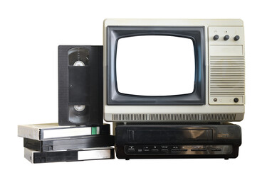 Old black vintage TV with white screen and VCR from 1980s, 1990s, 2000s isolated on white background.
