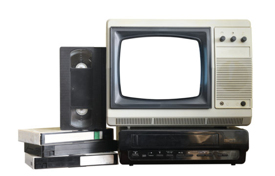 Old black vintage TV with white screen and VCR from 1980s, 1990s, 2000s isolated on white background. - Powered by Adobe