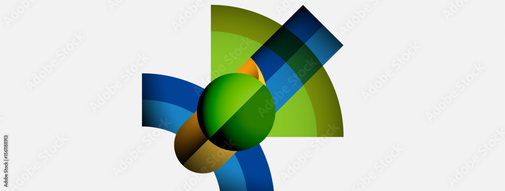 Aufkleber abstract design features colorful curved shapes radiating from central green sphere. composition evo