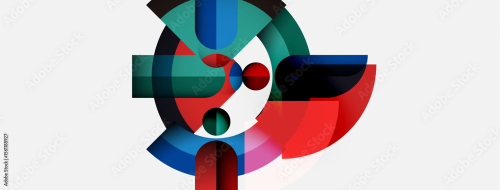Aufkleber Abstract geometric composition. Circles, squares, rectangles intersect creating dynamic visual effect. Colors include red, blue, green.