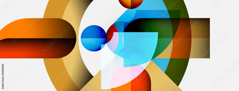 Poster Abstract composition featuring overlapping geometric shapes. Colors blend, creating dynamic visual interest. Modern design elements present.