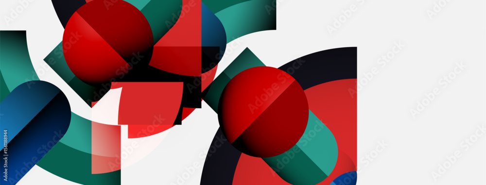 Poster abstract composition featuring red spheres, teal shapes, dark blue elements. minimalist design with 