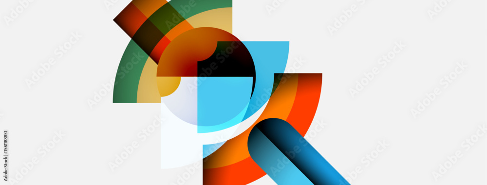 Fototapete Abstract composition features overlapping colorful arcs, curves. Modern design, vibrant hues create dynamic visual impact. Simple background enhances shapes.