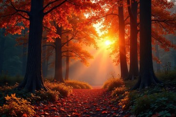 Vibrant sunset hues paint the forest canopy, casting long shadows across the orange-tinged leaves and lush undergrowth A tranquil scene of autumnal beauty in nature's embrace , serenity, ecosystem