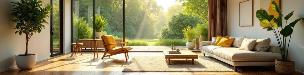 Sunlight streams into a spacious, bright living room, illuminating comfortable furniture and stylish decor The large window offers a view of a lush green garden , sofa, apartment, decor