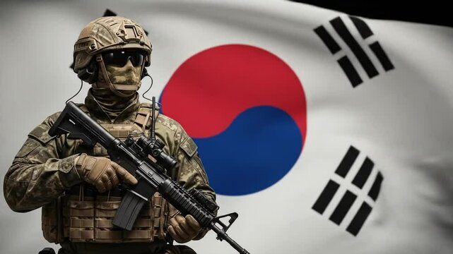 South Korean soldier standing guard in full combat gear with national flag background