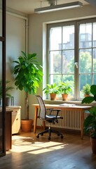Fototapeta premium Serene office space with plants, natural light, and calming decor, promoting a healthy work-life balance and stress-free environment for improved wellbeing , recovery, healthy