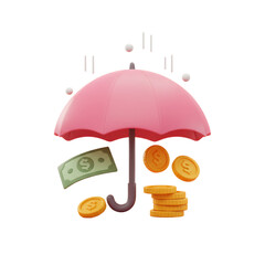 Money Protection Concept Umbrella Protecting Cash and Coins