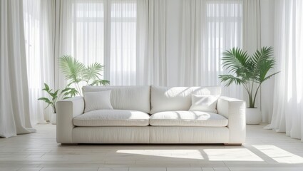 A spacious, sunlit living room with a white sofa and plants.
