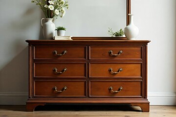 A classic wooden dresser with six drawers, featuring elegant brass hardware and a rich, warm finish Perfect for a traditional or transitional bedroom style , dresser, pine