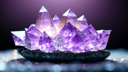 Close-up video of illuminated amethyst crystals on a dark stone base against a gradient purple backdrop Sparkling elements scattered around enhancing the mystical feel - Powered by Adobe
