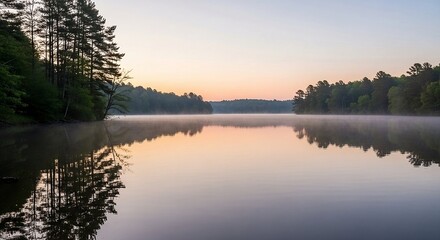 Soft reflections of trees on still lake water, pastel sky tones, peaceful vibe