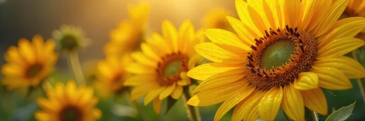 Close-up of vibrant sunflowers glistening with morning dew, their petals catching the sunlight like tiny jewels A breathtaking display of nature's sparkle , beauty, sunlight