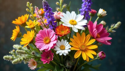 A vibrant, rustic bouquet of wildflowers, bursting with color and texture Perfect for summer weddings, rustic decor, or adding a touch of nature to any space , yellow, blossom
