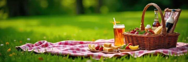 A cozy blanket spread out on lush green grass, next to a wicker picnic basket overflowing with delicious treats and refreshing drinks, ready for a relaxing outdoor meal , rustic, glasses, garden